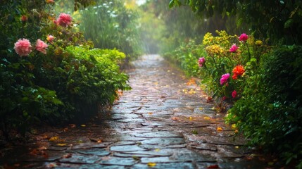 Rainy day walk through a flower-laden path serene garden nature photography calm atmosphere