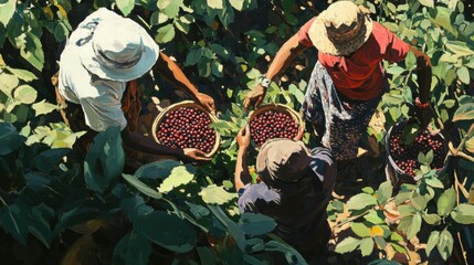 Coffee harvesting workers collecting berries in lush fields tropical region aerial view agricultural scene