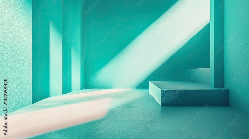 Poster abstract minimalist teal room with sunlight and geometric platforms for product display or presentat
