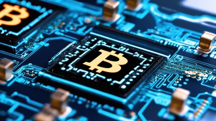 Close up View of a Bitcoin Cryptocurrency Chip on a Blue Circuit Board