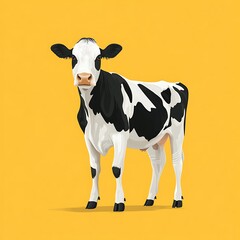 A dairy cow standing on a vibrant yellow background
