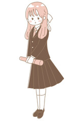 高校生のハーフアップの女の子が卒業証書を筒に入れて持って入る可愛いイラスト　卒業式のイラスト