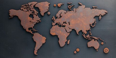 A vintage-style world map crafted from wood, featuring gears, giving a steampunk aesthetic.