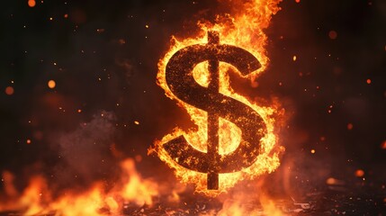 Flaming dollar sign a dynamic symbol of wealth amidst financial crisis in dark digital art