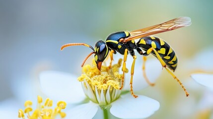 Naklejka premium A wasp is feeding on a flowers pollen details close up