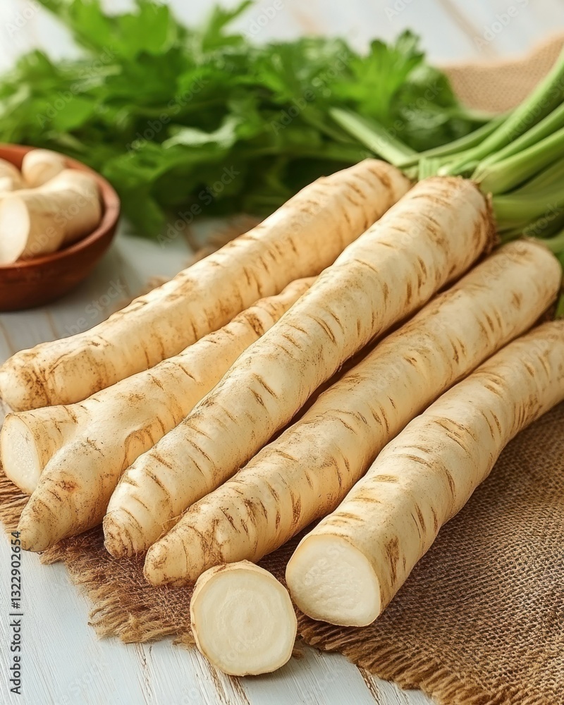 Poster fresh parsnip roots on wooden table with green leaves and bowl of parsnip slices