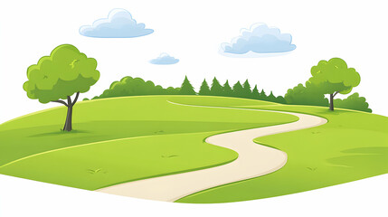 Fototapeta premium Serene illustration of a winding path through a lush green landscape, featuring vibrant trees and fluffy clouds, ideal for children's books, websites, or presentations.