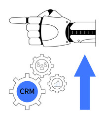 Robotic hand pointing forward, CRM gear icons with user profile and growth graph, blue arrow symbolizing progress. Ideal for technology, automation, CRM tools, AI, innovation strategy growth. Flat