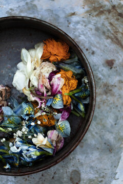 Trimmed flowers in a pan