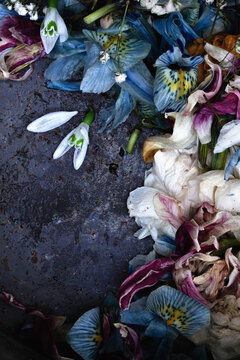 Collection of cut flowers on enamel backdrop