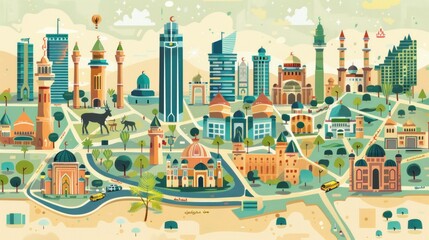 Fototapeta premium An illustrated map showing Riyadh's key attractions and locations.