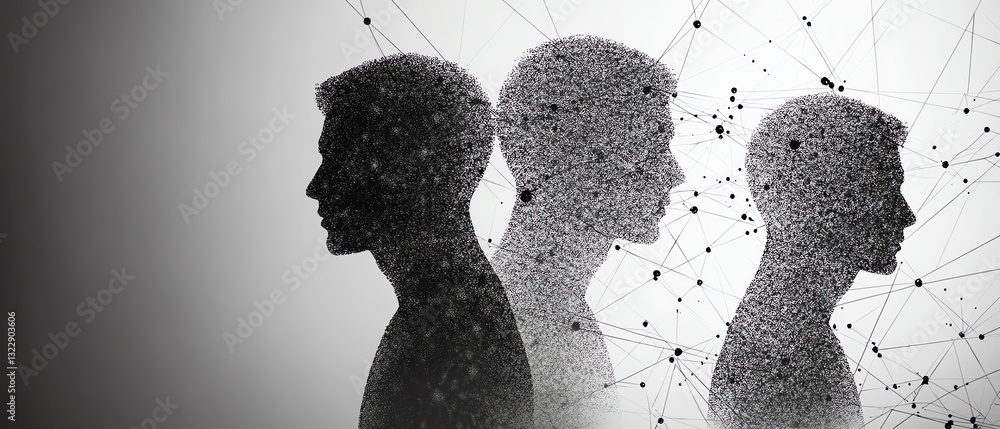 Aufkleber a monochrome depiction of interconnected human figures, illustrating the concepts of networking, col