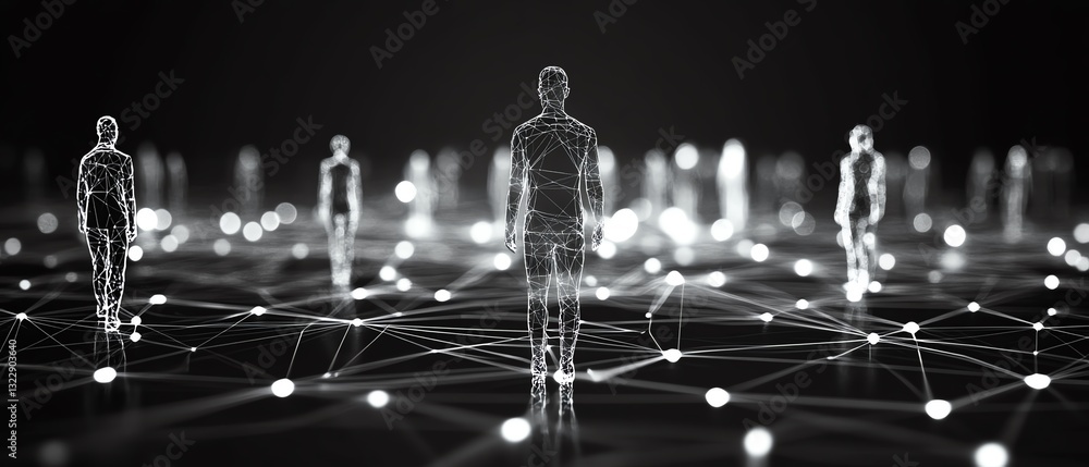 Aufkleber a monochrome depiction of interconnected human figures, illustrating the concepts of networking, col