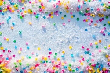 Obraz premium A Festive Winter Wonderland Colorful Confetti Scattered on a Snowy Surface, Creating a Joyful and Playful Scene