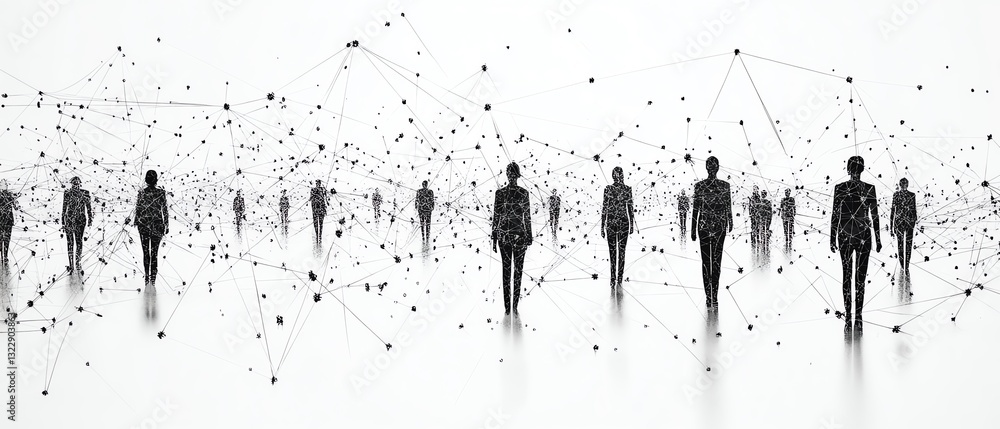 Poster a clean, monochrome drawing of interconnected figures, with digital lines and nodes symbolizing comm