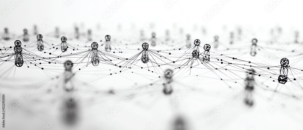 Poster a clean, monochrome drawing of interconnected figures, with digital lines and nodes symbolizing comm