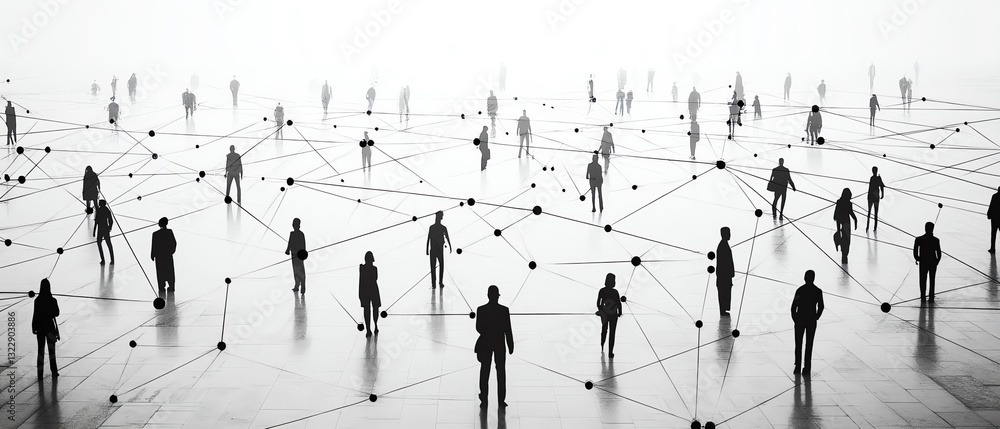 Poster a clean, monochrome drawing of interconnected figures, with digital lines and nodes symbolizing comm