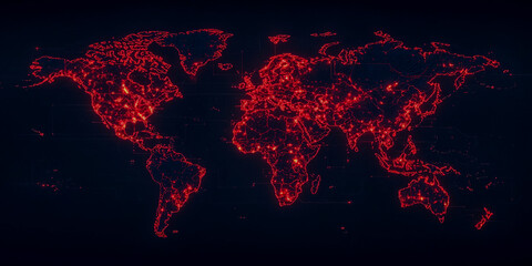 A dark world map illuminated with red highlights, representing data points or activity across various global regions.