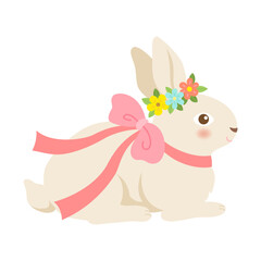 Rabbit sitting with ribbon and flower crown on  white background.