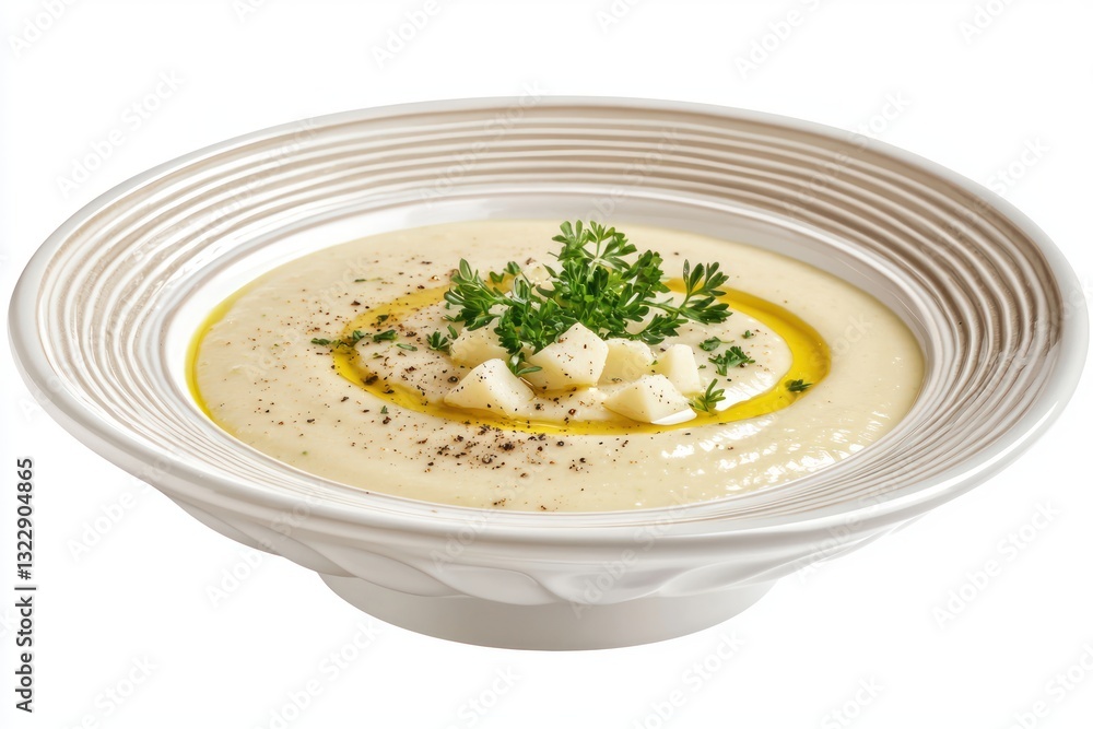 Poster creamy cauliflower soup with cubed parsnip topping enhanced by a sprig of parsley and a drizzle of o
