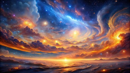 Fototapeta premium A Serene Celestial Landscape Vibrant Sunset over a Tranquil Ocean with Swirling Nebulae and Distant Mountains