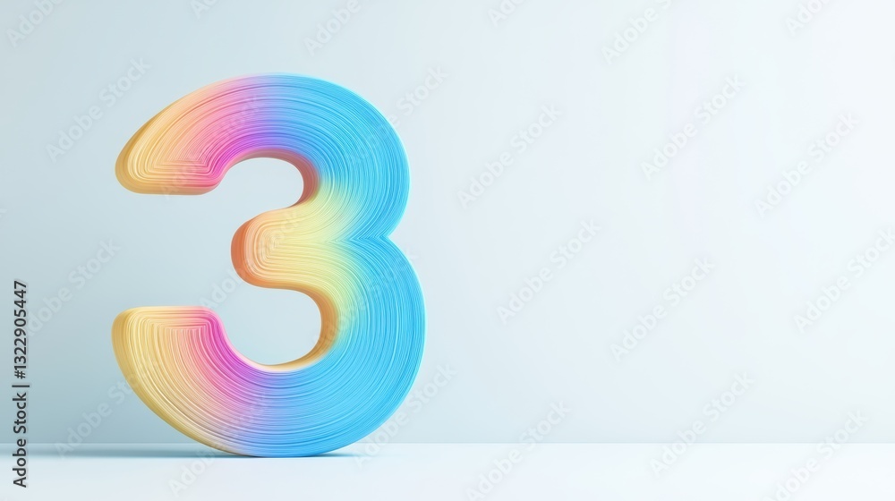 Poster a colorful, three-dimensional number three, featuring a gradient of vibrant colors, set against a mi
