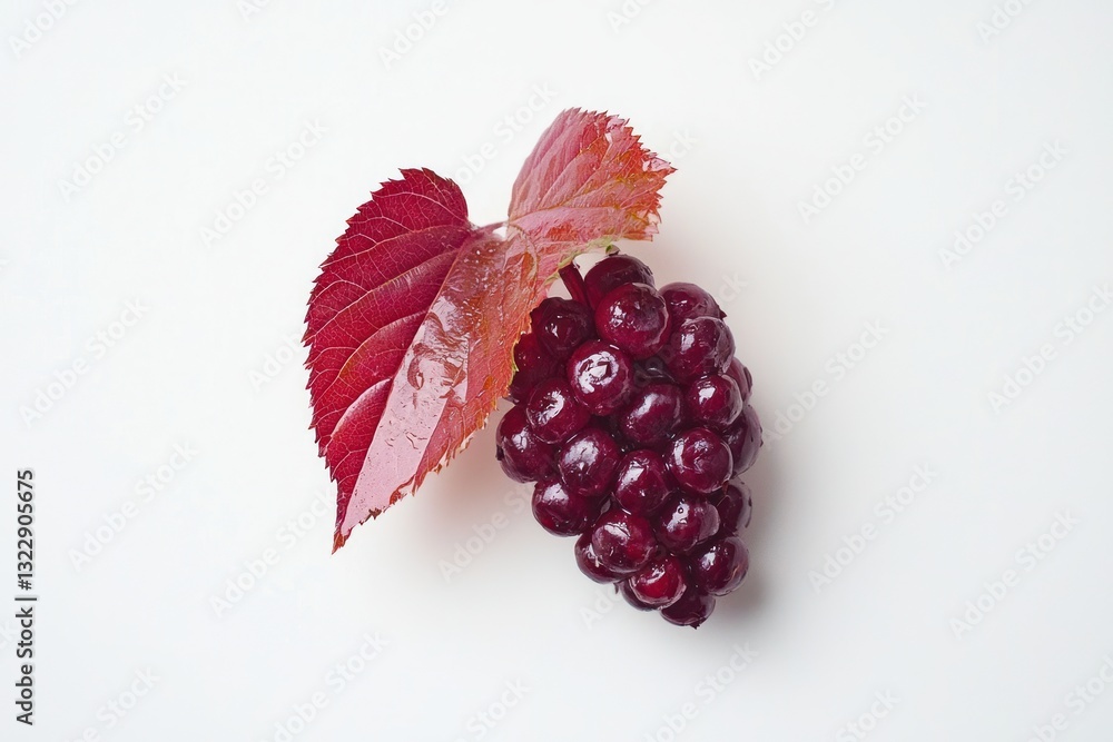 Poster lush bunch of ripe grapes with crimson leaf against a crisp white background adding a pop of color