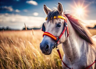 Obraz premium Miniature Grey Horse with Yellow Blinders - Tilt-Shift Photography