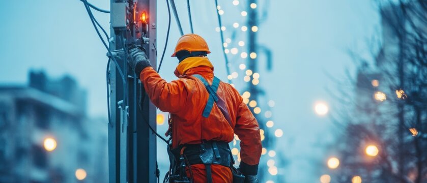 Utility worker on power lines during winter storm urban city action shot cold environment dynamic viewpoint