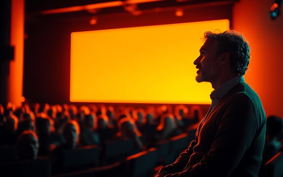 A dynamic speaker addressing an audience in a dark room, illuminated by a bright orange screen in the background, setting an energetic and engaging tone for the presentation