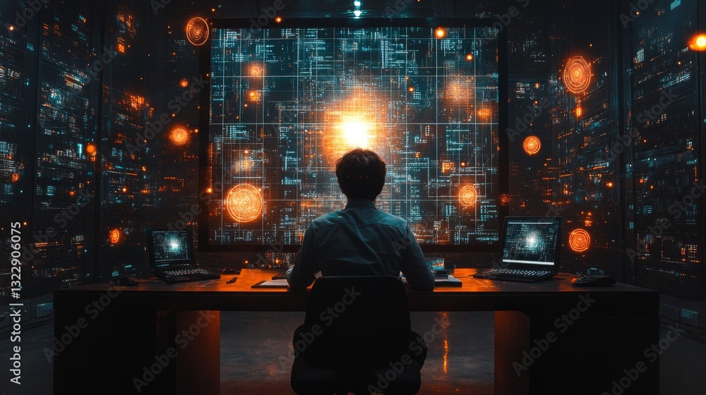 Poster A researcher interacts with advanced quantum simulations in a high-tech lab filled with holographic displays. The environment showcases complex data visualizations and quantum concepts.