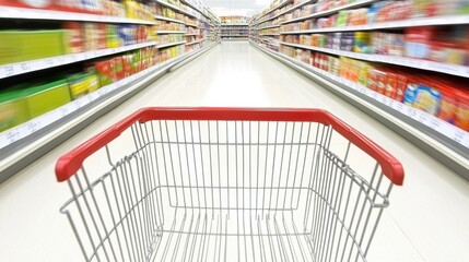 Empty Red Shopping Cart in Motion Blurred Supermarket Aisle