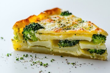 Delightful broccoli potato quiche savory slice foodphotography on clean white backdrop showcasing artisan cooking and food presentation gourmet treat