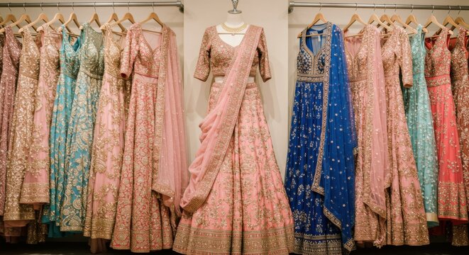 Elegant wardrobe, colorful Indian lehengas, traditional wedding dresses, ornate embroidery, pastel pink and blue, rich fabric textures, gold accents, floral patterns, sequins and beadwork, hanging gar