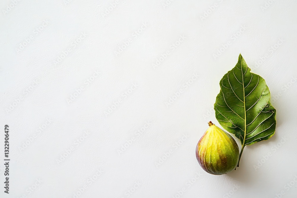 Poster minimalist overhead shot of a ripe fig and lush leaf on a clean white background in natural light