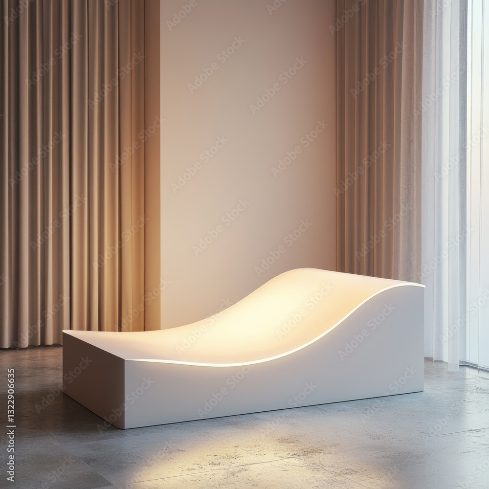 Poster serene indoor scene featuring a modern minimalist illuminated chaise lounge and flowing curtains int