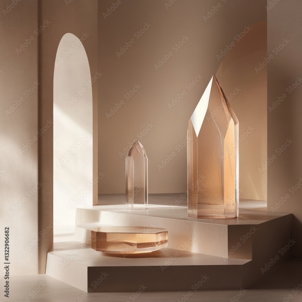 Aufkleber Elegant crystal objects on steps in minimalist design warm beige color tones and soft lighting modern abstract style