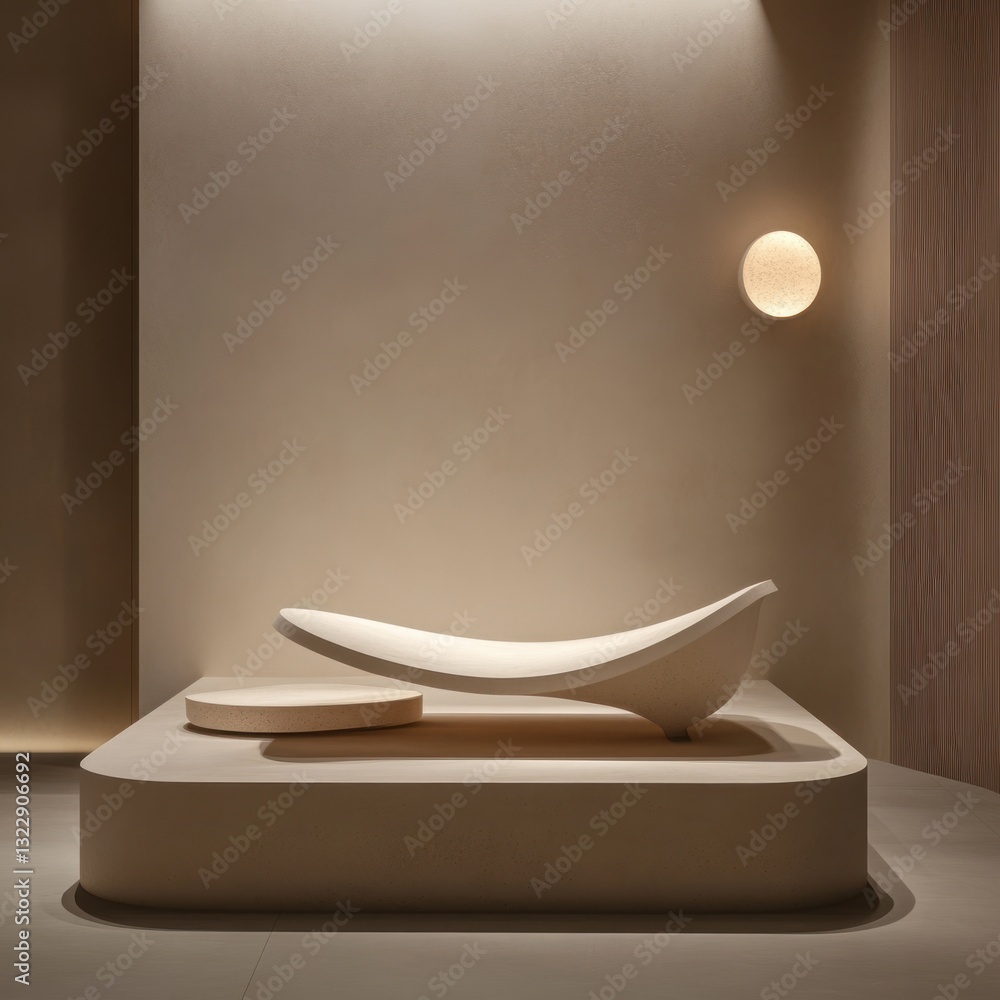 Poster elegant display of minimalist art object on platform with neutral tones modern wall and ambient ligh