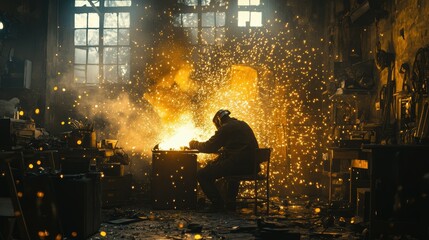 Intense metalworking workshop close-up on craftsmanship in a sparking industrial environment