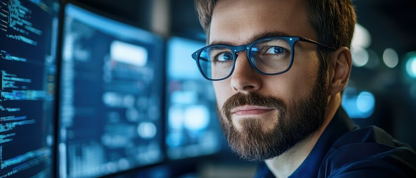 Tech professional analyzing data modern office portrait virtual environment intimate view innovation - Powered by Adobe