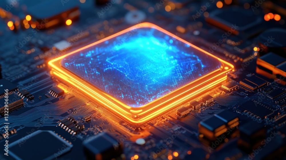 Poster close-up of a glowing microprocessor on a circuit board (1)