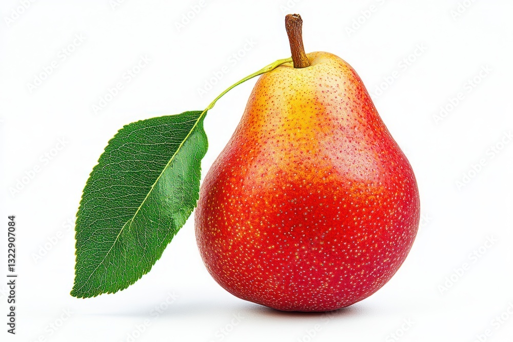 Poster luscious red pear with fresh green leaf on a clean white background in studio light macro shot for f