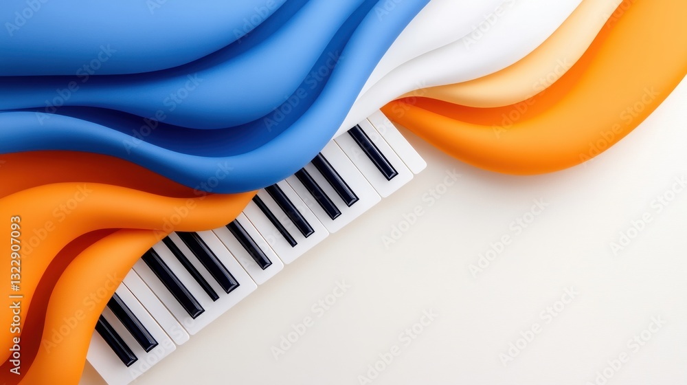 Poster a colorful abstract design featuring flowing shapes above a piano keyboard, blending art and music i