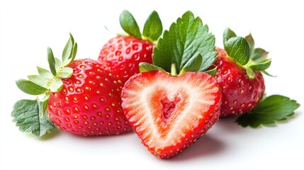 Juicy Red Strawberries with Green Leaves