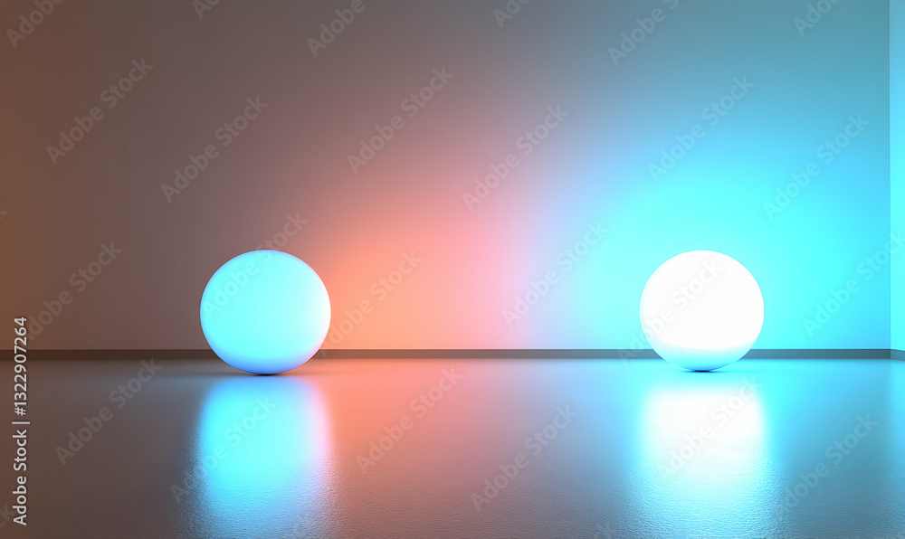 Poster two luminous spheres radiate contrasting cool and warm light in a minimalist room, creating a visual
