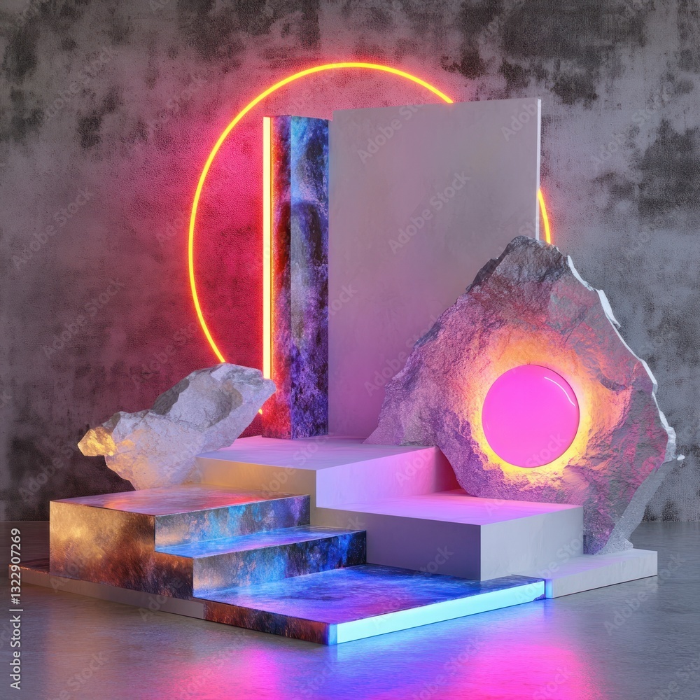 Poster abstract neon lit display with concrete stone and futuristic platform arrangement showcase presentat