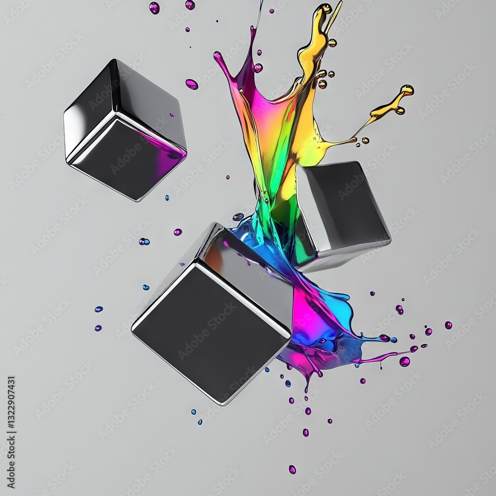 Poster three-dimensional cubes with colorful liquid splashes