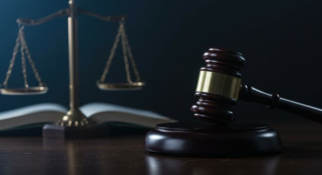 Legal scales, wooden gavel, law book, justice symbolism, dramatic lighting, dark background, courtroom setting, legal profession, judicial imagery, authority, judgment concept, somber mood, textured s
