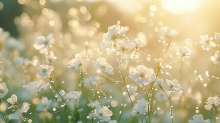 Dew-Kissed Flowers in Golden Sunlight