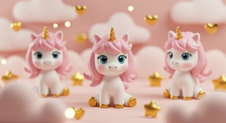 Naklejka premium Cute pink unicorn figurines, kawaii style, pastel background, golden stars, soft lighting, miniature toys, magical creatures, whimsical decor, dreamy atmosphere, fantasy-inspired, collectible figures,